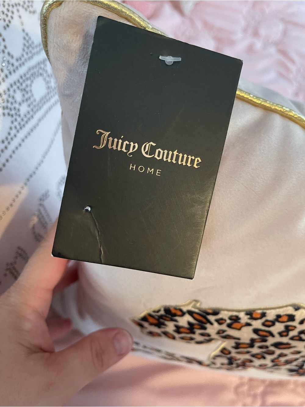Juicy Couture Blush Pink Leopard Applique Decorative Pillow with Gold Piping - Picture 5 of 5